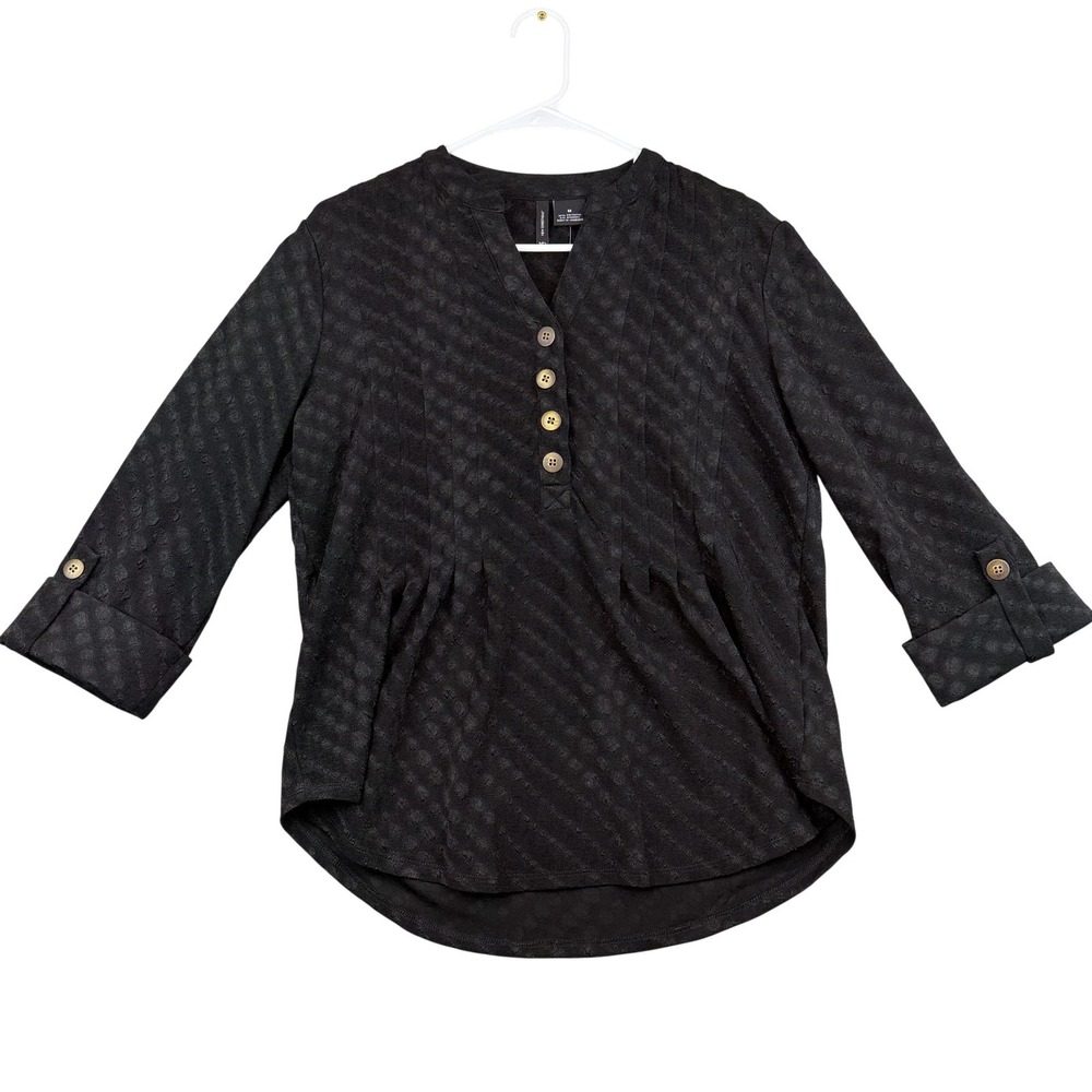 New Directions Shirt Womens Medium Black Henley Tunic 3/4 Sleeve Polka Dot Top
